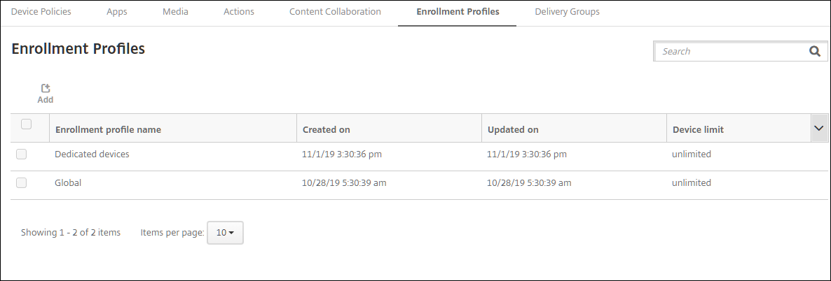 Pantalla de configuración de perfiles de inscripción