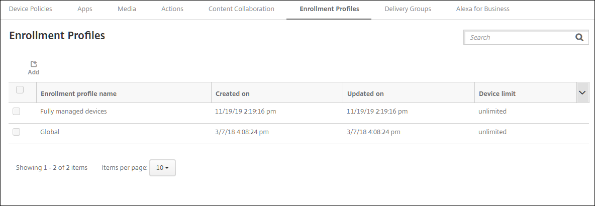 Pantalla de configuración de perfiles de inscripción