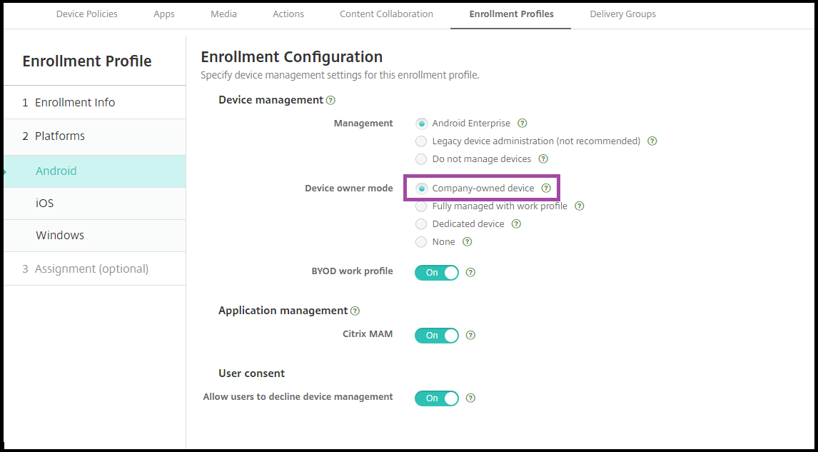 Pantalla de configuración de perfiles de inscripción