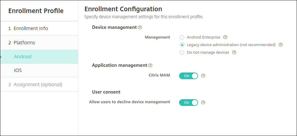 Tela de configuração de perfis de registro