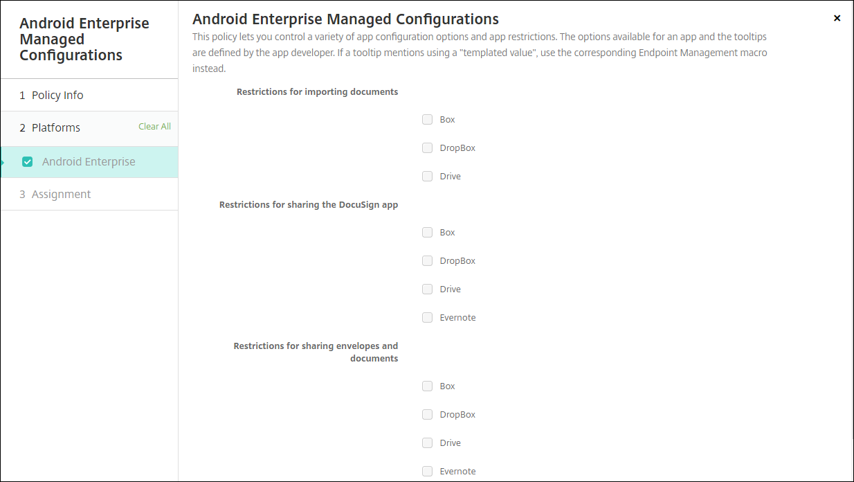 Image de l'écran de configuration Stratégies d'appareil