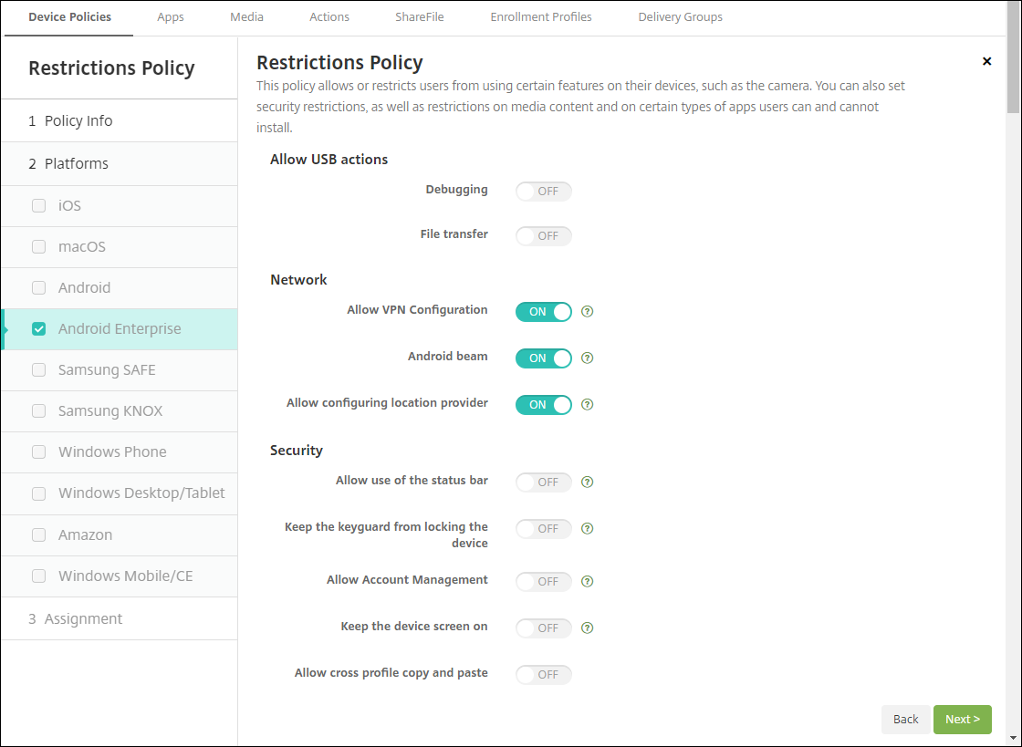 Directiva de restricciones a Android Enterprise