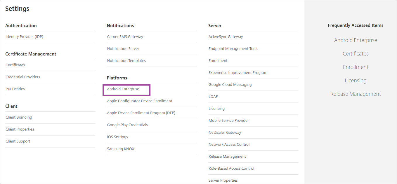 Página de configurações com o Android Enterprise destacado