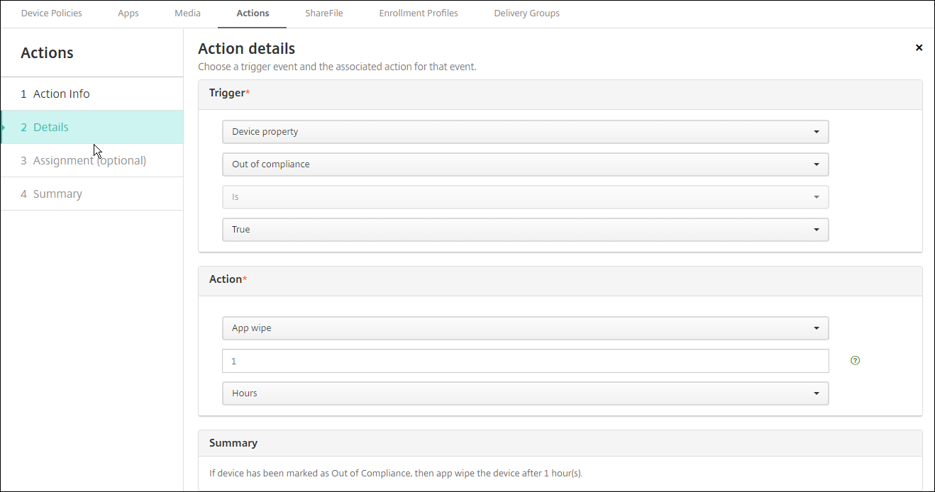 Écran de configuration Actions