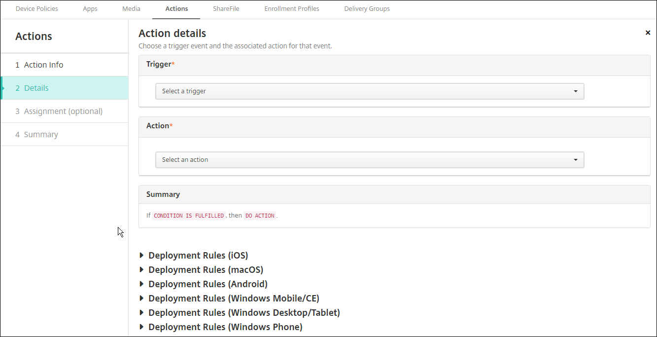 Écran de configuration Actions