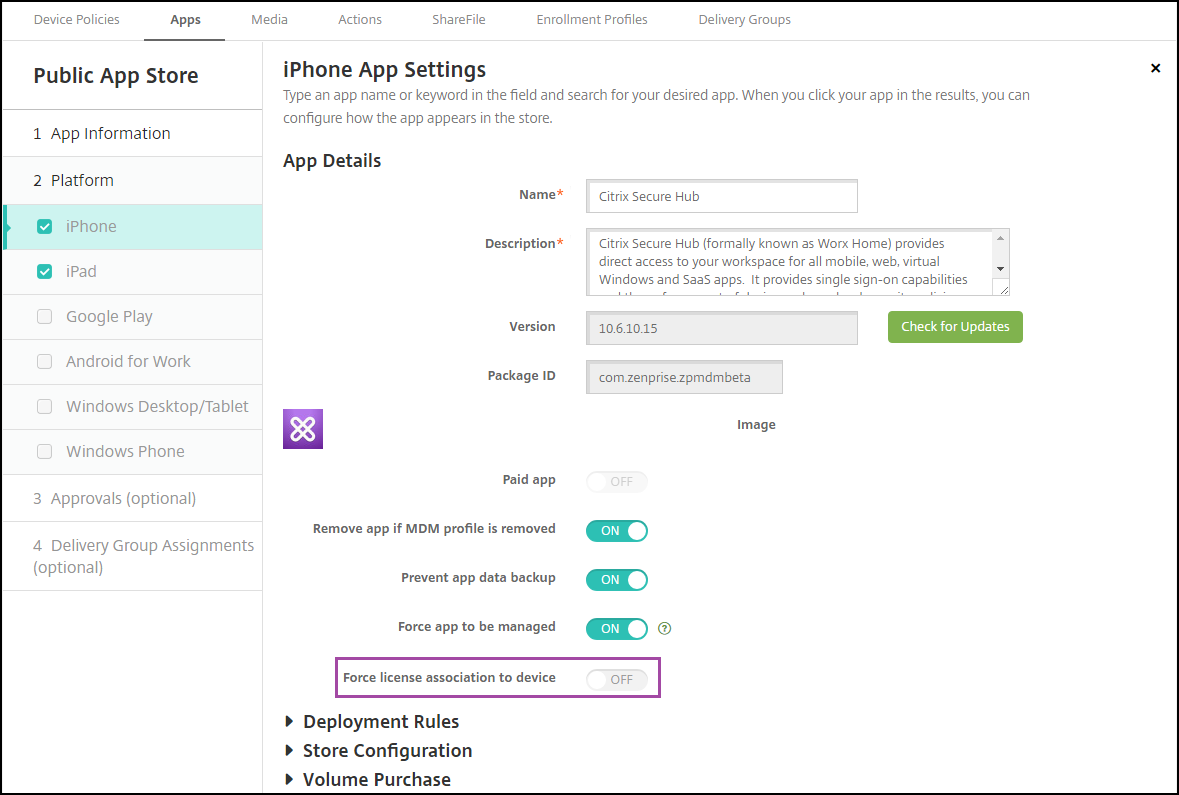 Écran de configuration des applications