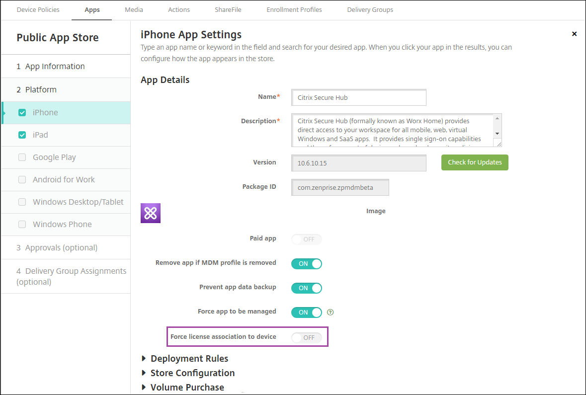 Écran de configuration des applications