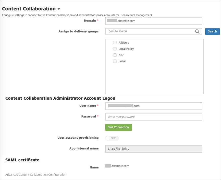 Parámetros de configuración de Content Collaboration