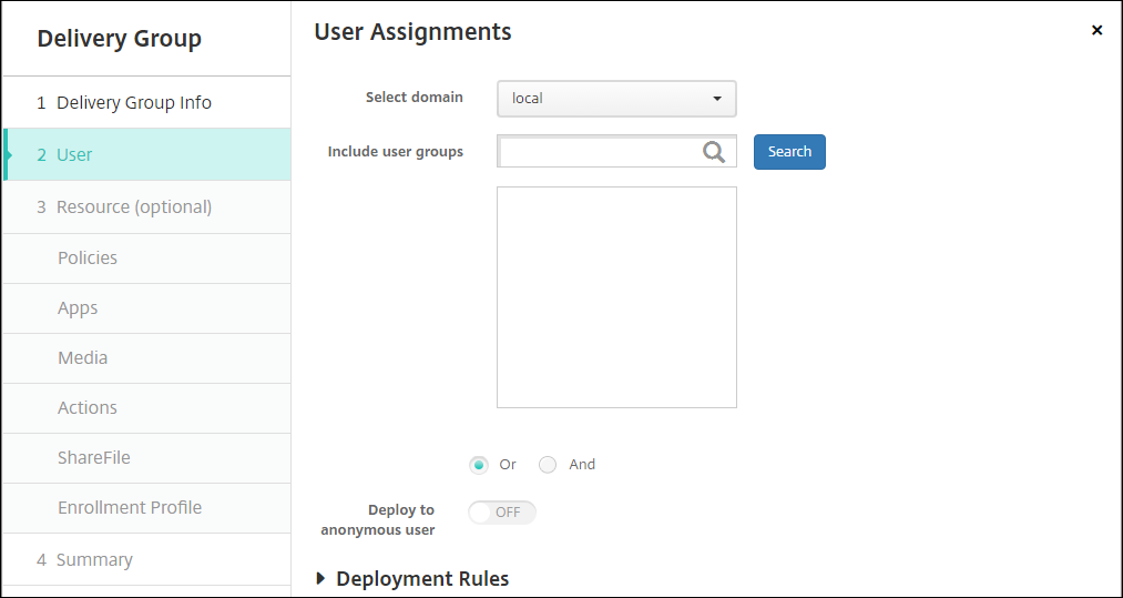 Delivery Groups configuration screen