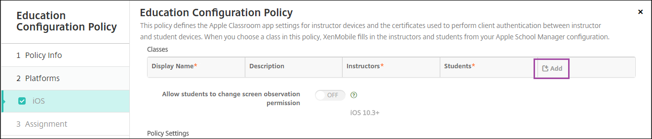 Pantalla de configuración Directivas de dispositivo