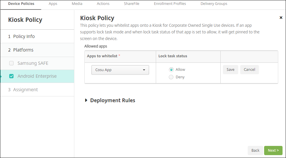 Device Policies configuration screen