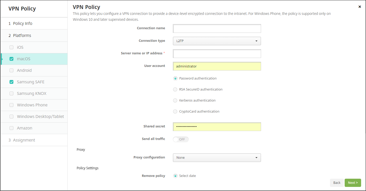 Device Policies configuration screen