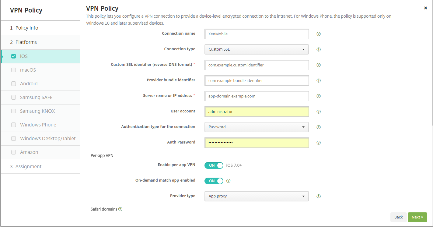 Device Policies configuration screen