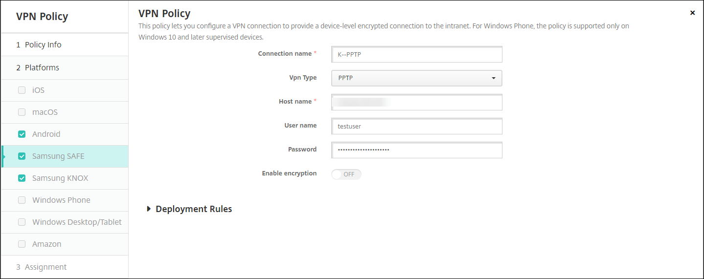 Écran de configuration Stratégies d'appareil