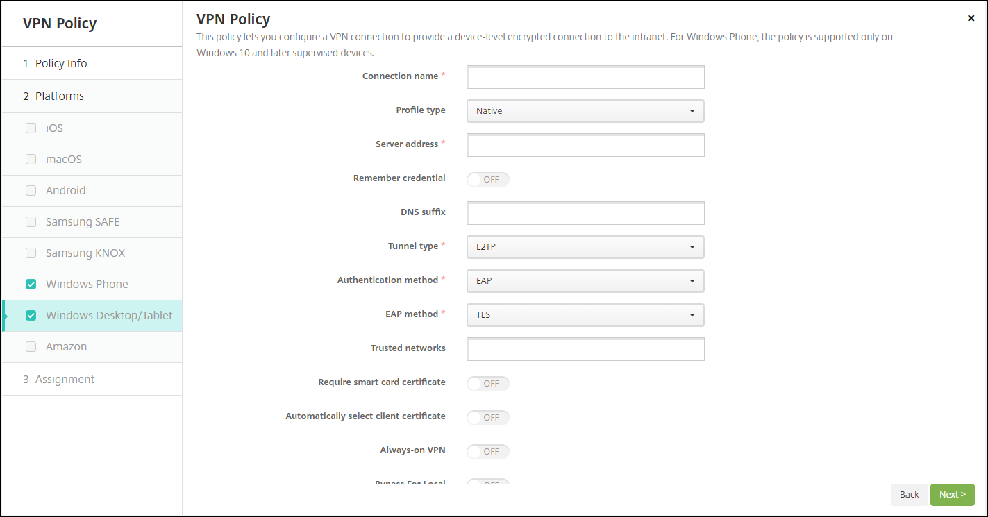 Device Policies configuration screen