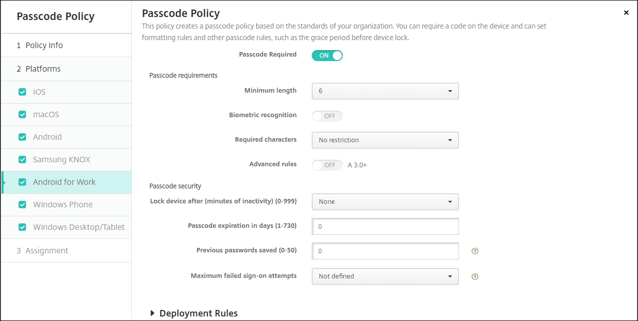 Image de la page de stratégie de code d'accès