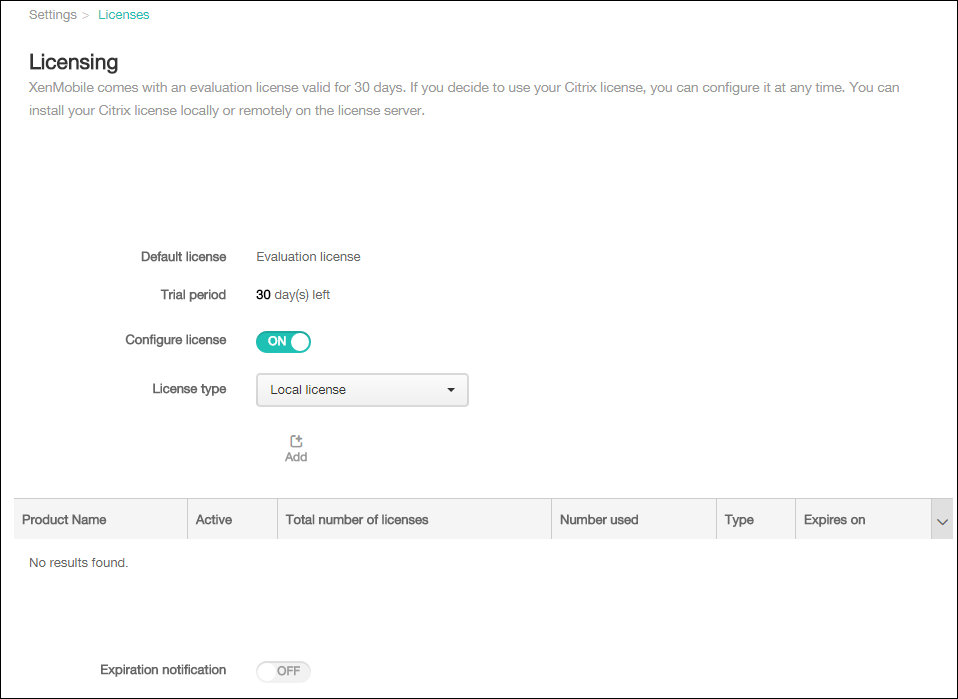 Image de l'écran de configuration des licences