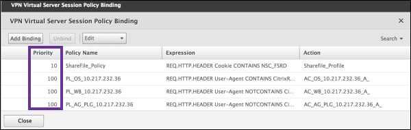 VPN Virtual Server Session Policy Binding screen