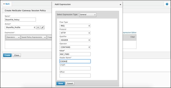 Pantalla de perfil de sesiones en Citrix Gateway