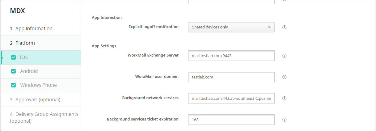 Tela de configuração de aplicativos