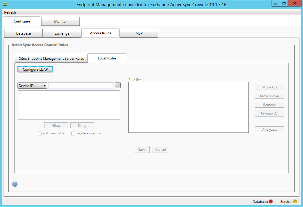 Image de la page de la console Endpoint Management Connector pour Exchange ActiveSync