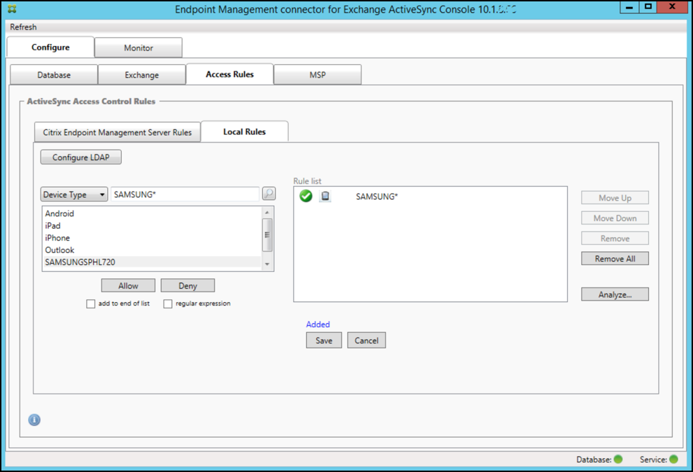 Imagem da página do console do conector de Endpoint Management para Exchange ActiveSync