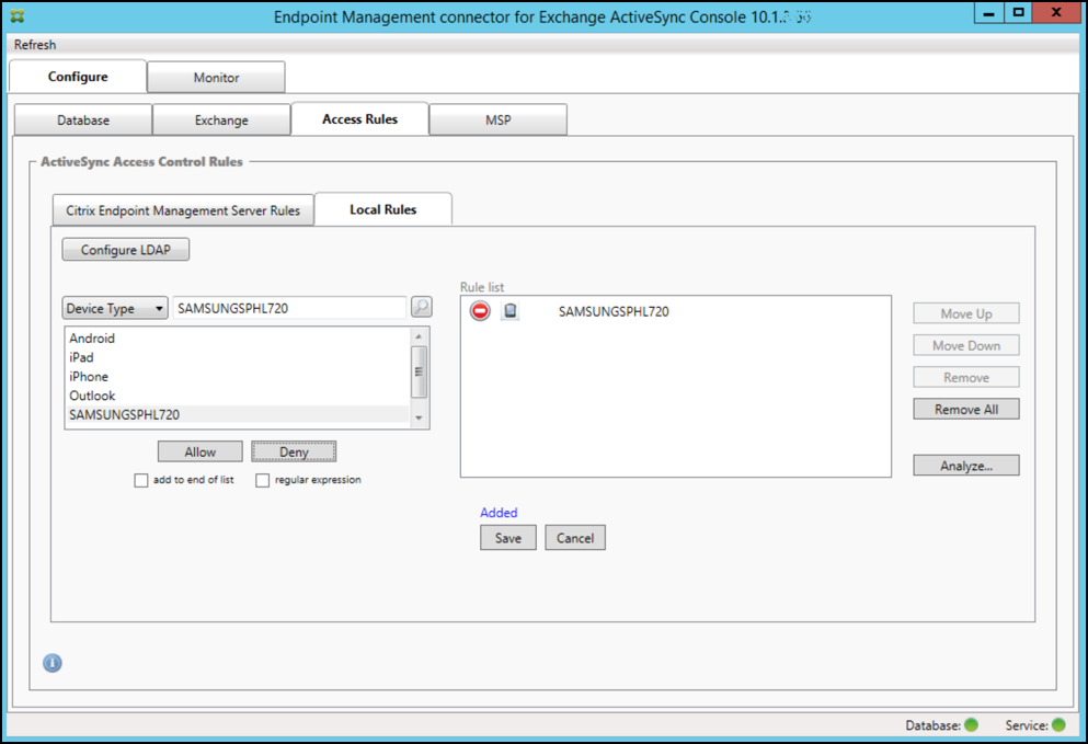 Imagen de la página de la consola del conector de Endpoint Management para Exchange ActiveSync