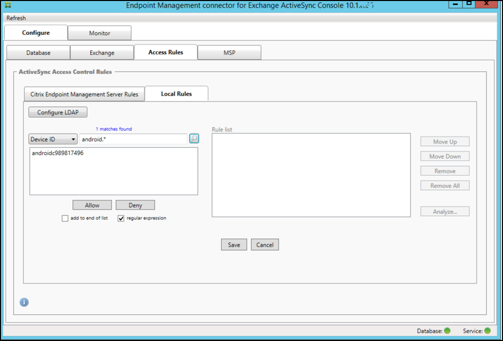 Imagen de la página de la consola del conector de Endpoint Management para Exchange ActiveSync