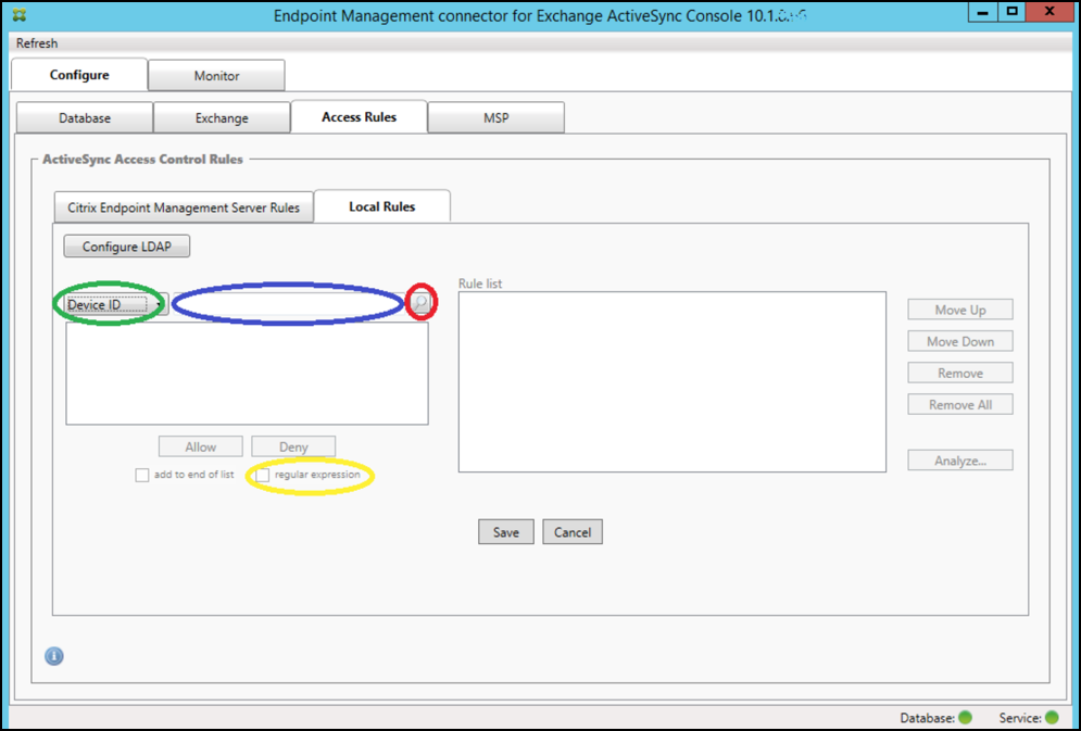 Imagen de la página de la consola del conector de Endpoint Management para Exchange ActiveSync