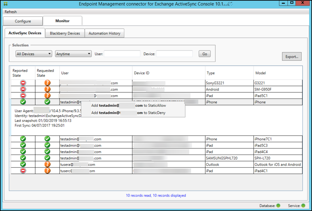 Image de la page de la console Endpoint Management Connector pour Exchange ActiveSync