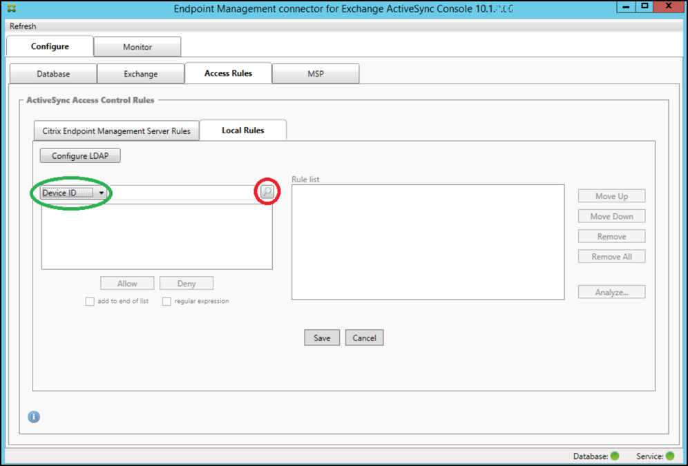 Imagen de la página de la consola del conector de Endpoint Management para Exchange ActiveSync