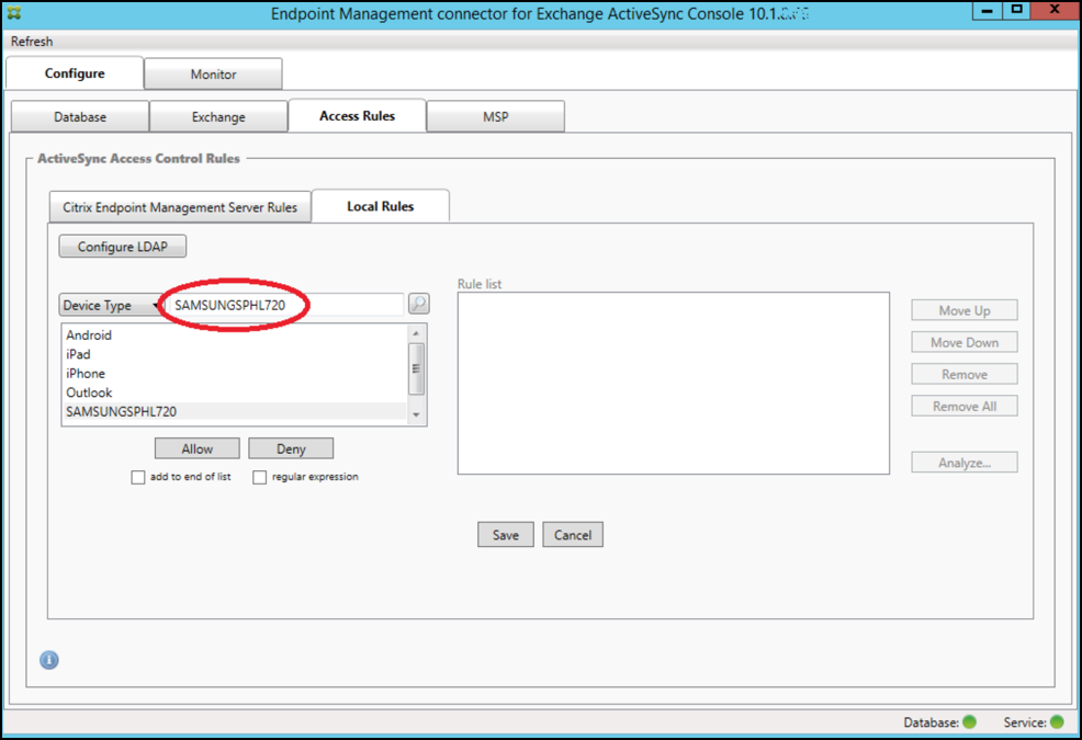 Imagem da página do console do conector de Endpoint Management para Exchange ActiveSync