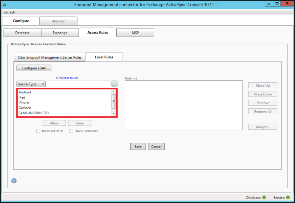 Image de la page de la console Endpoint Management Connector pour Exchange ActiveSync