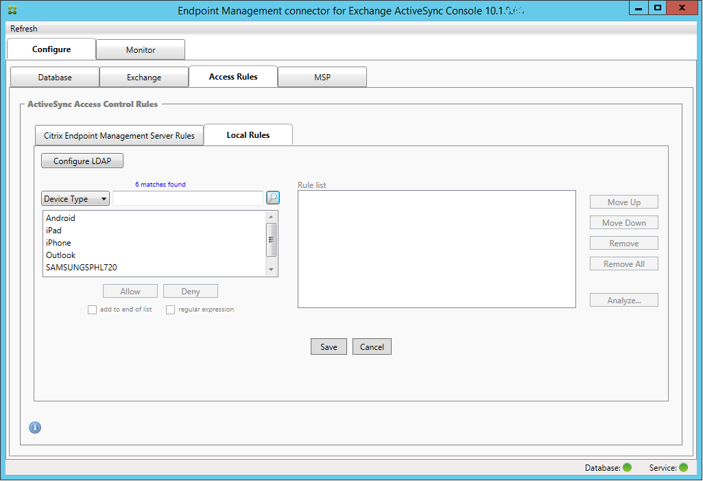 Imagen de la página de la consola del conector de Endpoint Management para Exchange ActiveSync