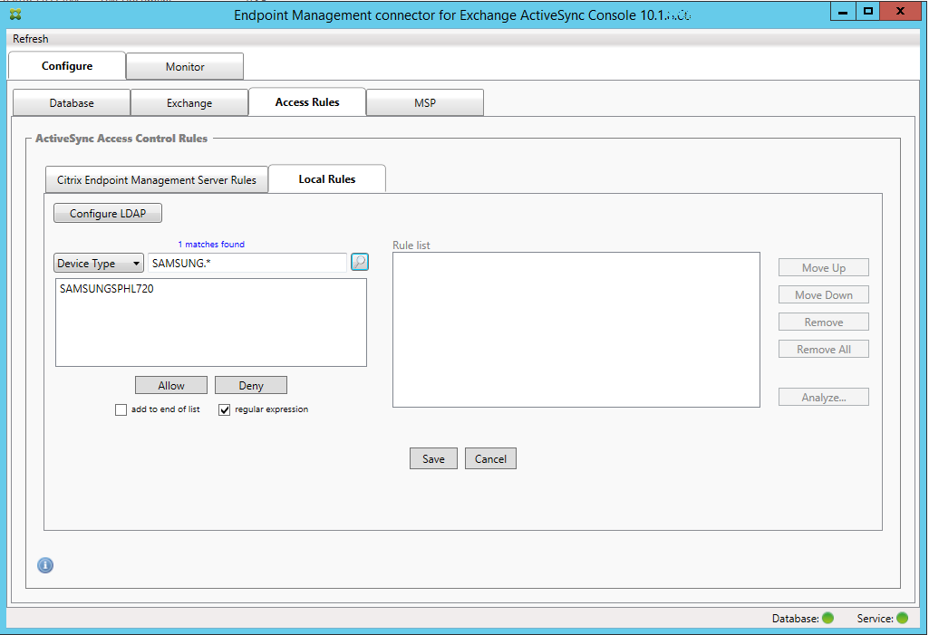 Imagem da página do console do conector de Endpoint Management para Exchange ActiveSync