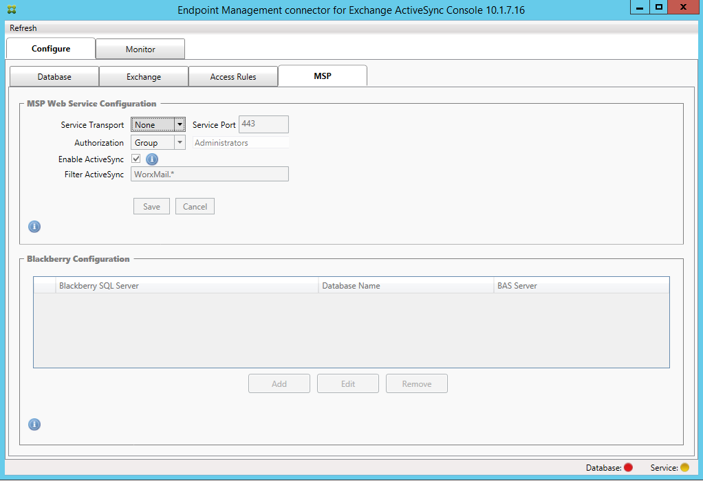 Imagem da página do console do conector de Endpoint Management para Exchange ActiveSync