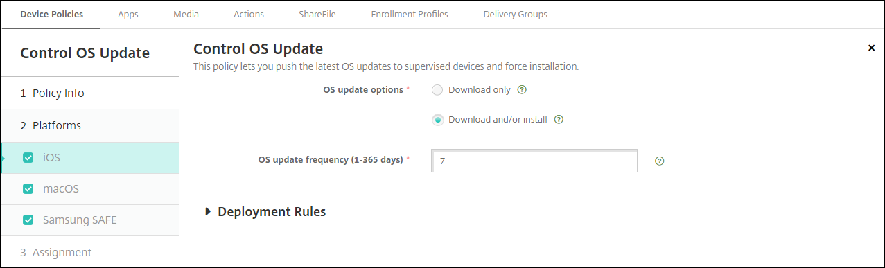 Imagen de la pantalla de configuración de directivas de dispositivo