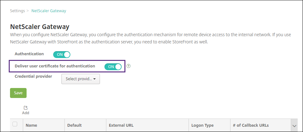 Pantalla de configuración de Citrix Gateway