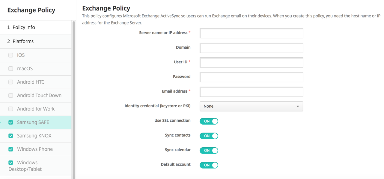 Image de l'écran de configuration Stratégies d'appareil