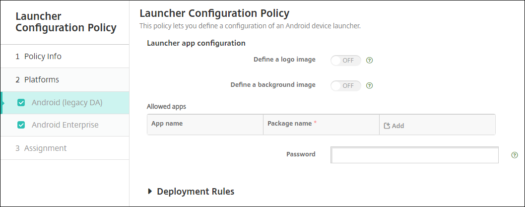 Imagen de la pantalla de configuración de directivas de dispositivo