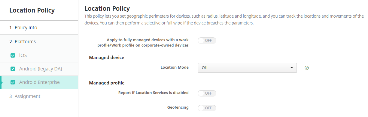 Pantalla de configuración Directivas de dispositivo