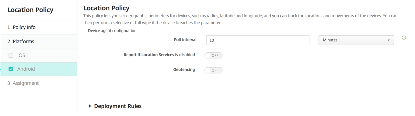 Image de l'écran de configuration Stratégies d'appareil