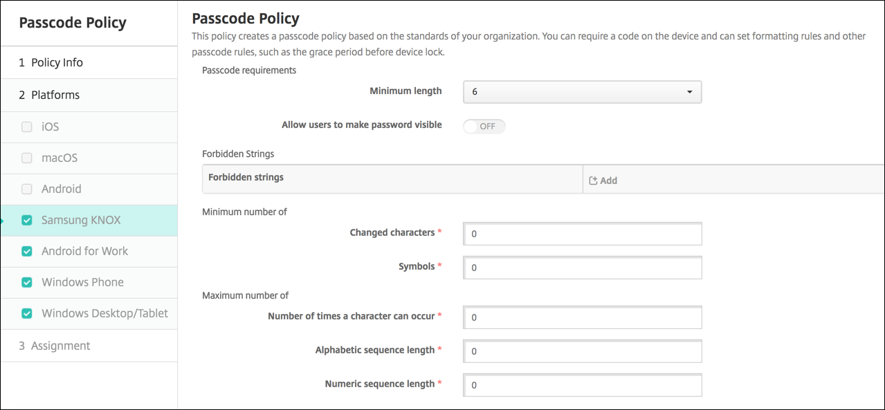 Image de l'écran de configuration Stratégies d'appareil