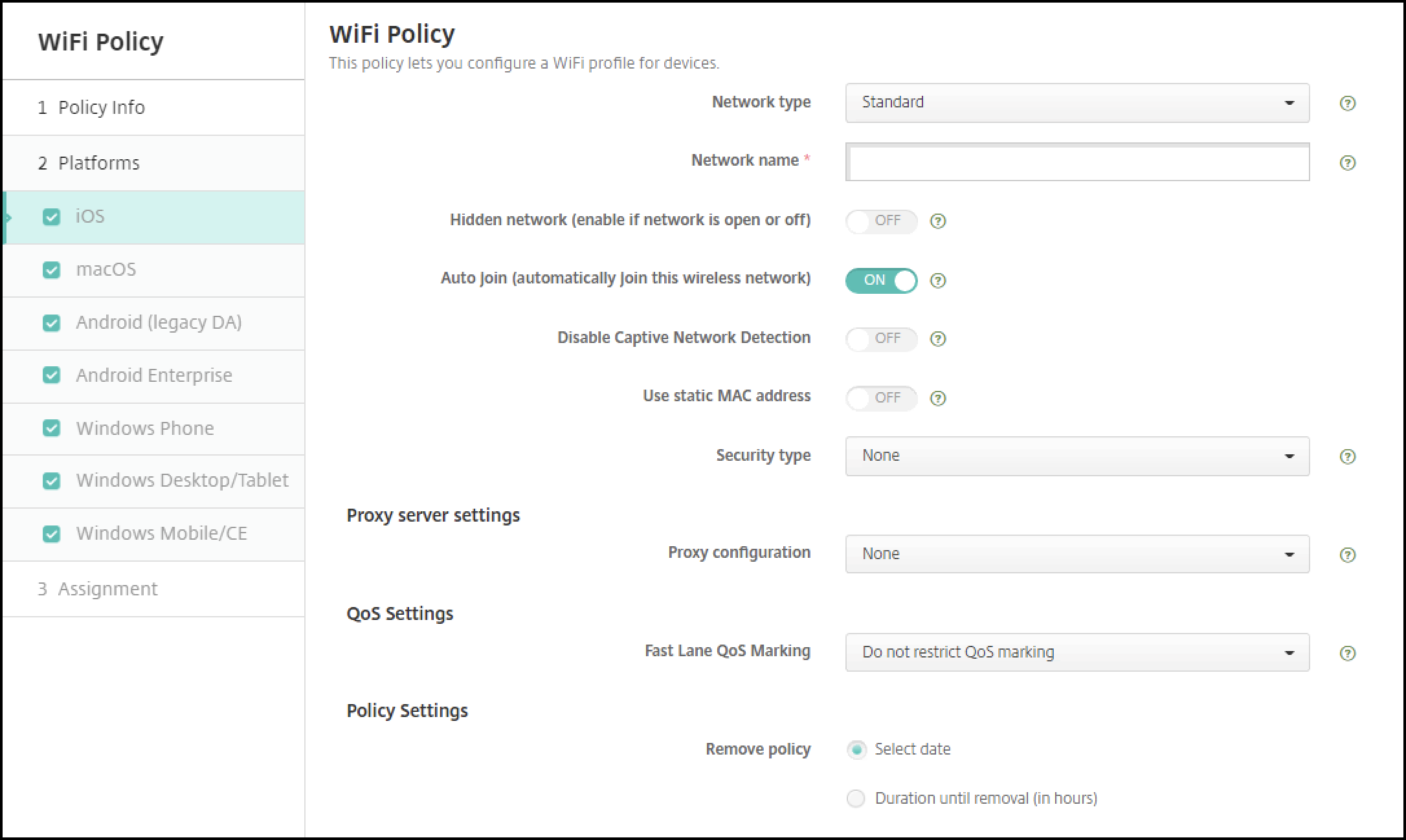 Image of Device Policies configuration screen