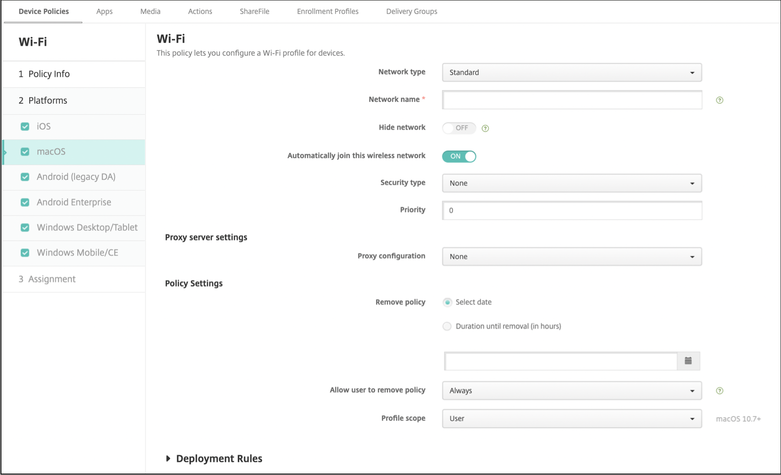 Image de l'écran de configuration Stratégies d'appareil