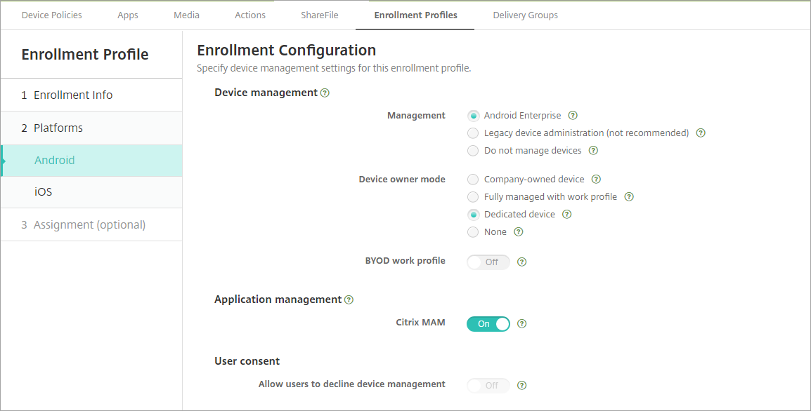 Enrollment Profiles page