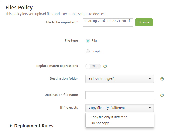 Imagem da política de dispositivo Arquivos do Android Enterprise