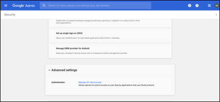 Écran de la console d'administration Google