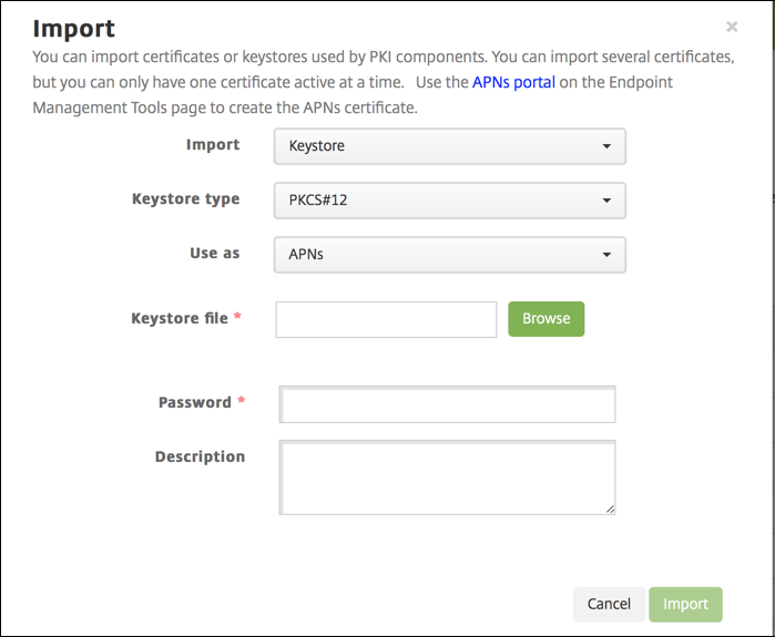 Import certificate dialog box