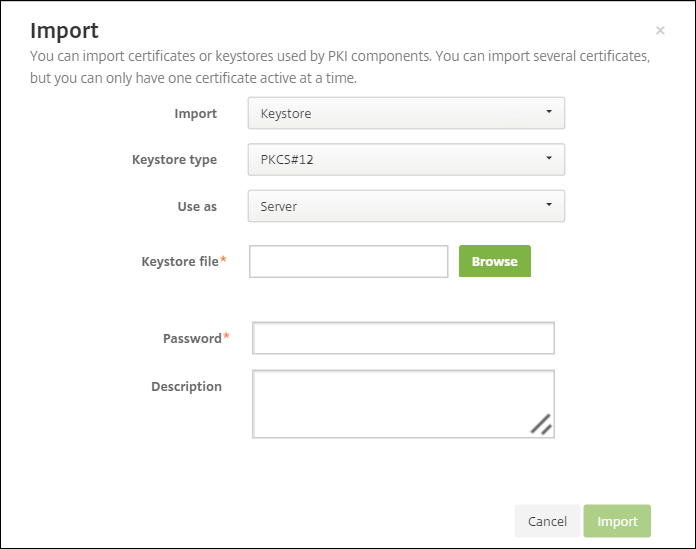 Certificates configuration screen